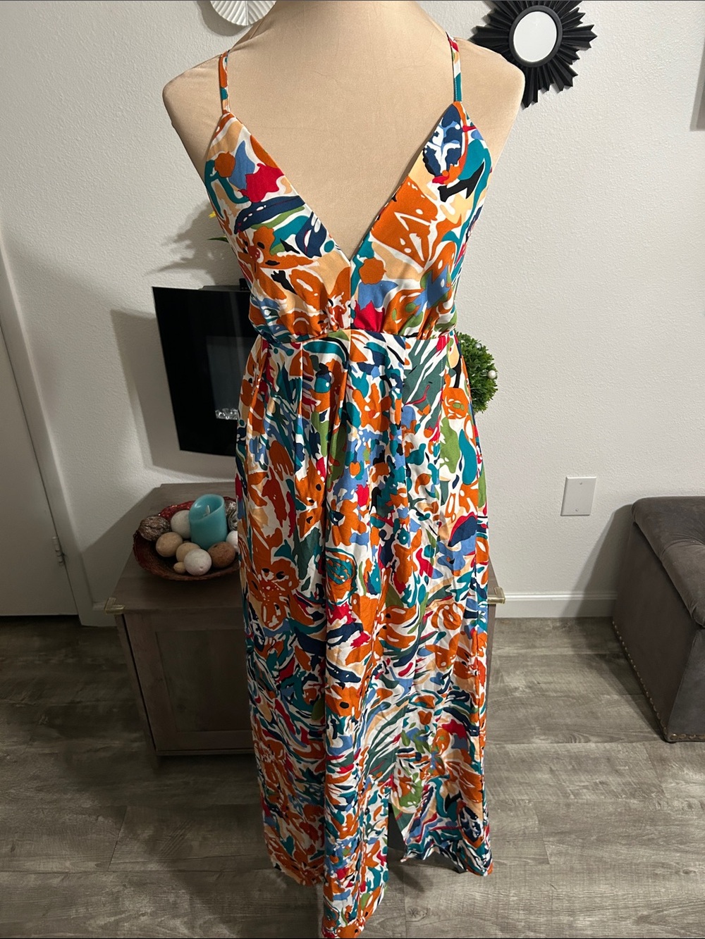 Simplee Apparel Orange, Teal & White Floral Maxi Dress